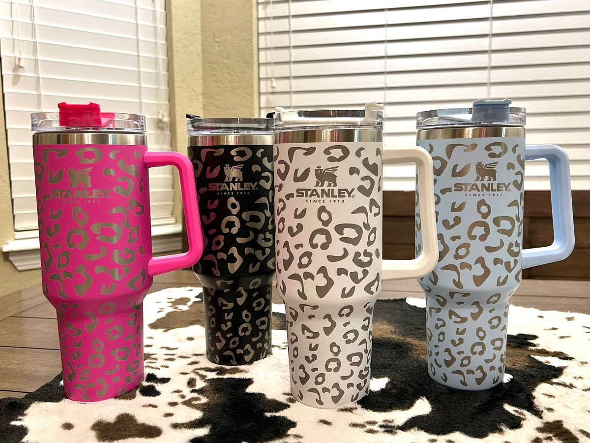 40oz Stainless Steel Tumbler with handle Pink Dusk Leopard