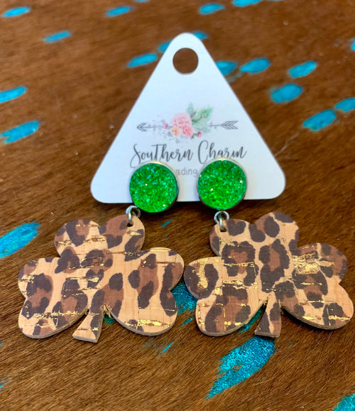 2” Green and Metallic Gold Leopard Dangles